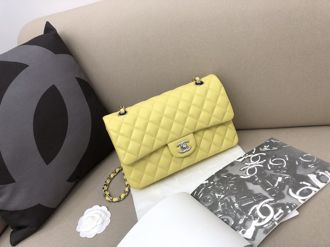 Medium Classic Flap Lambskin Bag AO1112 Yellow/Silver